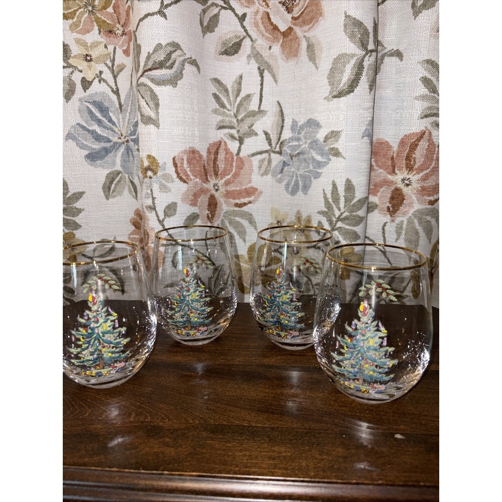 8 Spode Christmas Tree Stemless Wine/Cocktail Glass Holiday Gold Trim - Picture 2 of 5